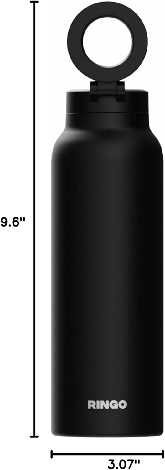 RINGO PRO Water Bottle with Magnetic Phone Mount & Sip Straw Lid - Insulated Stainless Steel Bottle for Workouts, Content Creation, Navigation & Facetime on the Go, 12Hrs Hot/24Hrs Cold Black-24oz