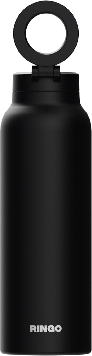 RINGO PRO Water Bottle with Magnetic Phone Mount & Sip Straw Lid - Insulated Stainless Steel Bottle for Workouts, Content Creation, Navigation & Facetime on the Go, 12Hrs Hot/24Hrs Cold Black-24oz