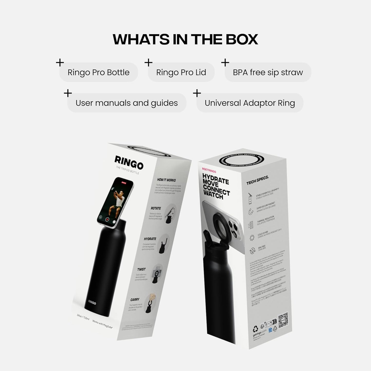 RINGO PRO Water Bottle with Magnetic Phone Mount & Sip Straw Lid - Insulated Stainless Steel Bottle for Workouts, Content Creation, Navigation & Facetime on the Go, 12Hrs Hot/24Hrs Cold Black-24oz