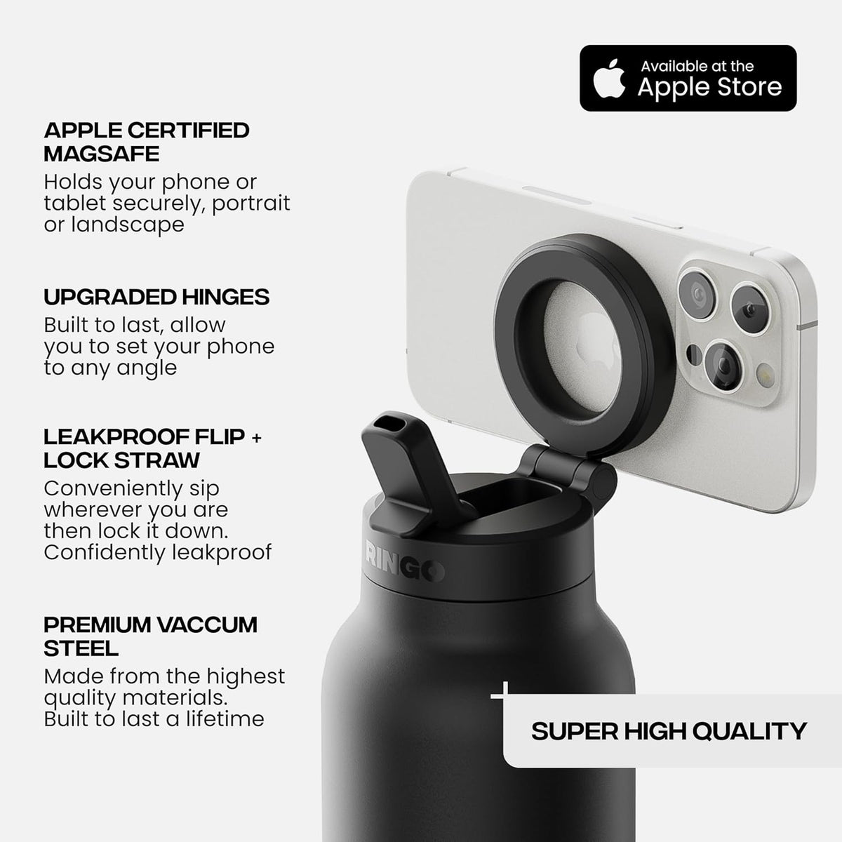 RINGO PRO Water Bottle with Magnetic Phone Mount & Sip Straw Lid - Insulated Stainless Steel Bottle for Workouts, Content Creation, Navigation & Facetime on the Go, 12Hrs Hot/24Hrs Cold Black-24oz