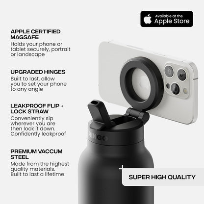 RINGO PRO Water Bottle with Magnetic Phone Mount & Sip Straw Lid - Insulated Stainless Steel Bottle for Workouts, Content Creation, Navigation & Facetime on the Go, 12Hrs Hot/24Hrs Cold Black-24oz