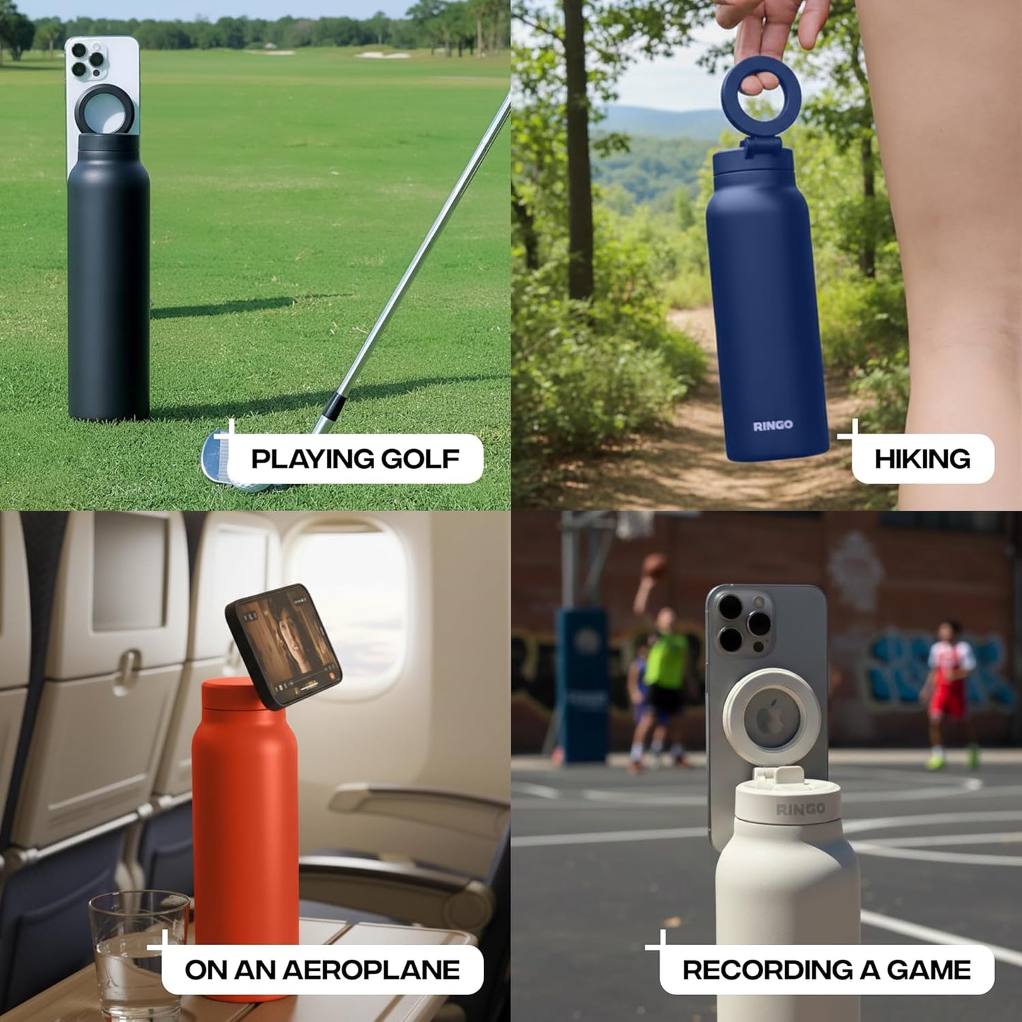 RINGO PRO Water Bottle with Magnetic Phone Mount & Sip Straw Lid - Insulated Stainless Steel Bottle for Workouts, Content Creation, Navigation & Facetime on the Go, 12Hrs Hot/24Hrs Cold Black-24oz